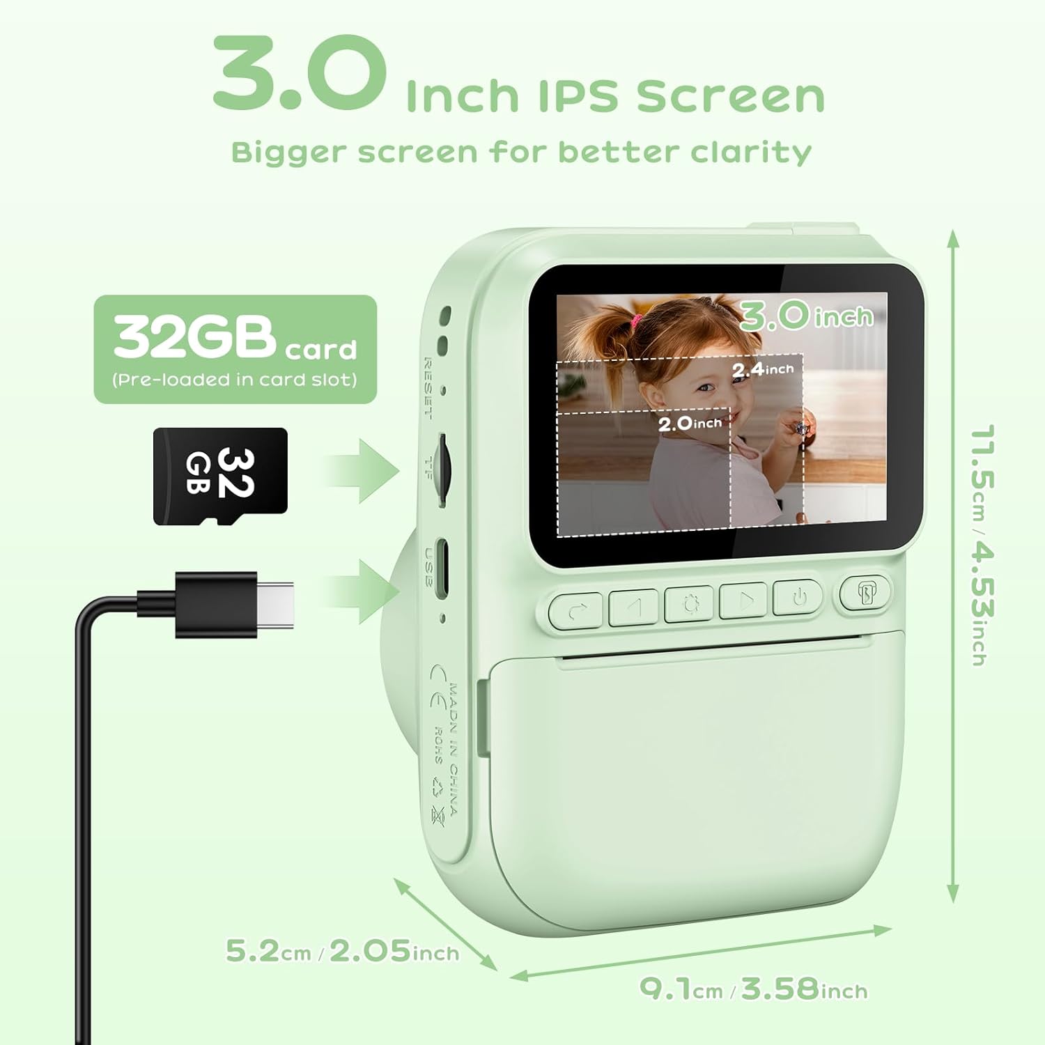 GREENKINDER Camara Fotos Infantil Instantanea,3,0 Pulgadas 14MP Camara Fotos Infantil con Tarjeta de 32 GB y Papel de Impresión,HD 1080P Cámara Instantánea,Regalo de Cumpleaños para Niños 3 a 12 Años - 3