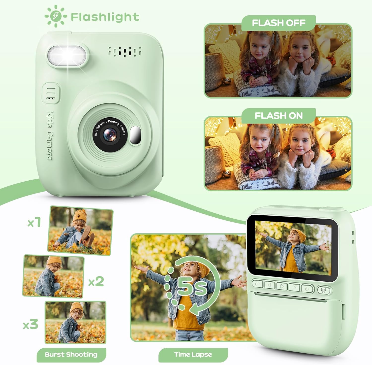 GREENKINDER Camara Fotos Infantil Instantanea,3,0 Pulgadas 14MP Camara Fotos Infantil con Tarjeta de 32 GB y Papel de Impresión,HD 1080P Cámara Instantánea,Regalo de Cumpleaños para Niños 3 a 12 Años - 4