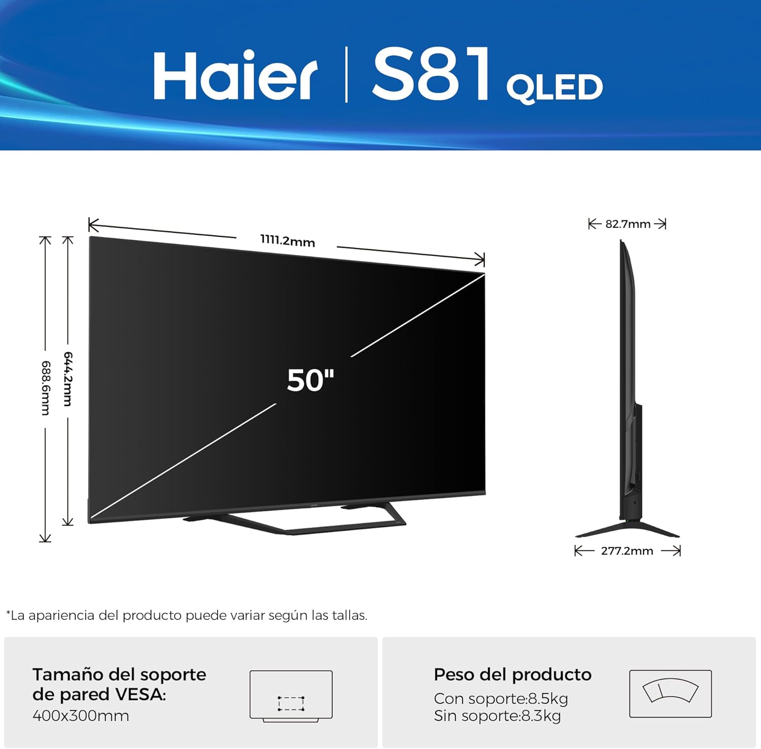 Haier QLED 4K UHD H50S81FUX - 50", Smart TV, Google TV, Dolby Audio, HDR 10, Smart Remote Control, Google Assistant, Bluetooth 5.1, 120Hz Gaming, USB 2.0, DBX TV, HDMI 2.1 x 4, Sin Marcos, 2025 - 2