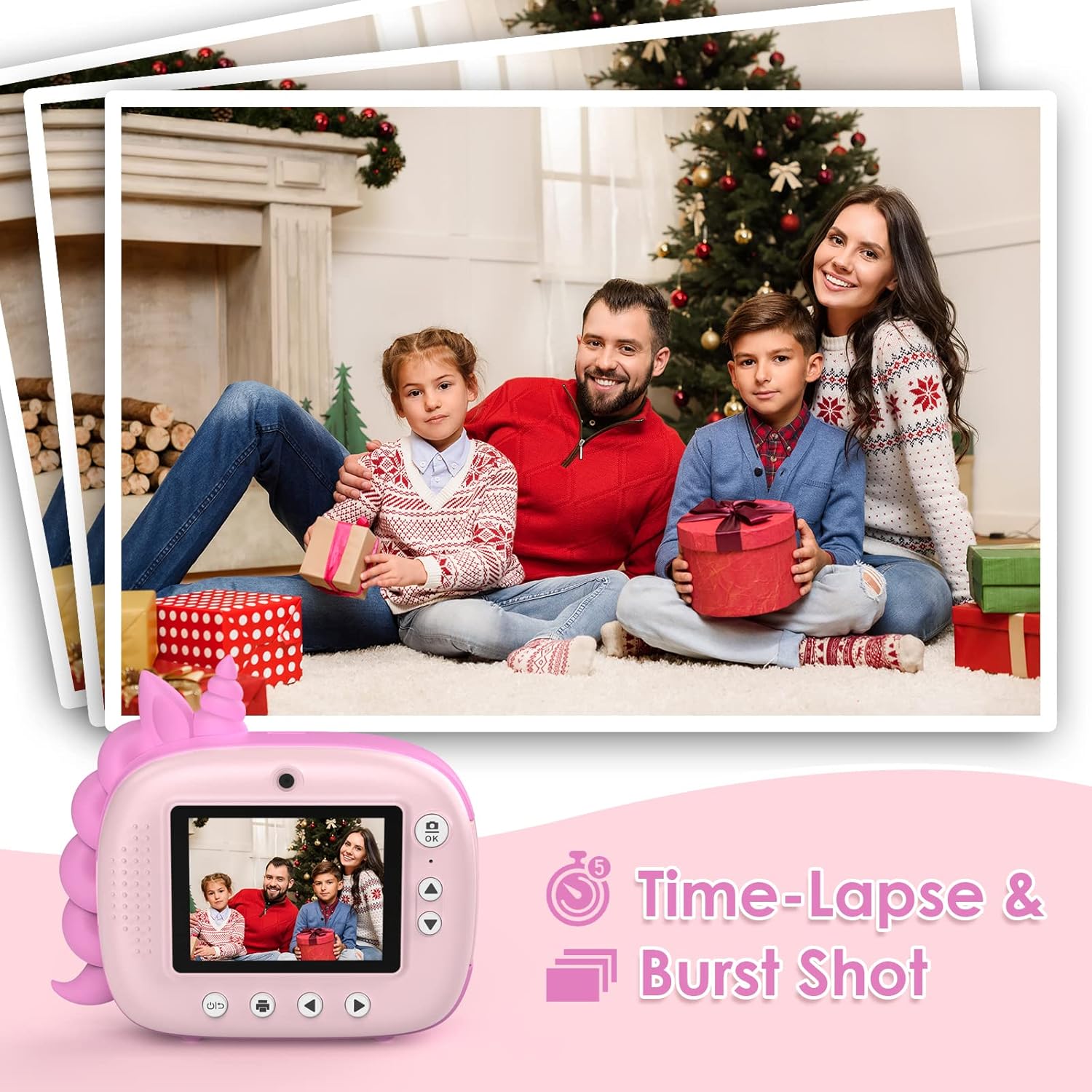 HiMont - Cámara infantil digital instantánea con papel de impresión y tarjeta TF de 32 GB, cámara de vídeo, lápices de colores, clips de fotos para manualidades, regalo, de 3 a 14 años, color rosa - 3