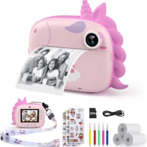 HiMont - Cámara infantil digital instantánea con papel de impresión y tarjeta TF de 32 GB, cámara de vídeo, lápices de colores, clips de fotos para manualidades, regalo, de 3 a 14 años, color rosa