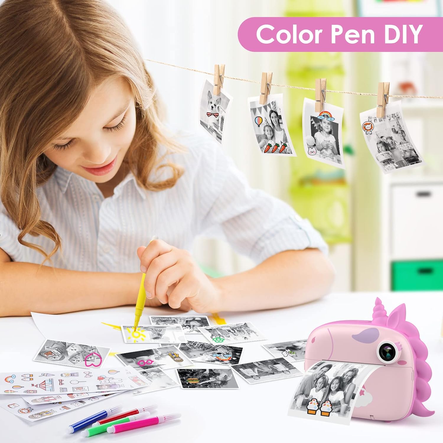 HiMont - Cámara infantil digital instantánea con papel de impresión y tarjeta TF de 32 GB, cámara de vídeo, lápices de colores, clips de fotos para manualidades, regalo, de 3 a 14 años, color rosa - 5