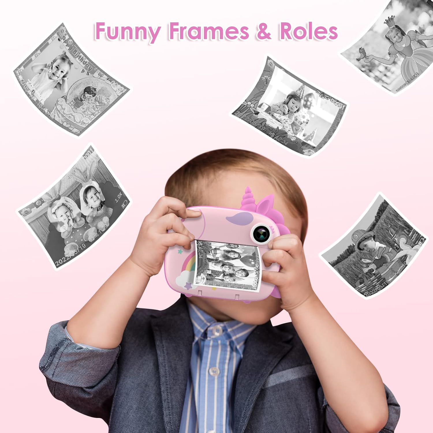 HiMont - Cámara infantil digital instantánea con papel de impresión y tarjeta TF de 32 GB, cámara de vídeo, lápices de colores, clips de fotos para manualidades, regalo, de 3 a 14 años, color rosa - 6