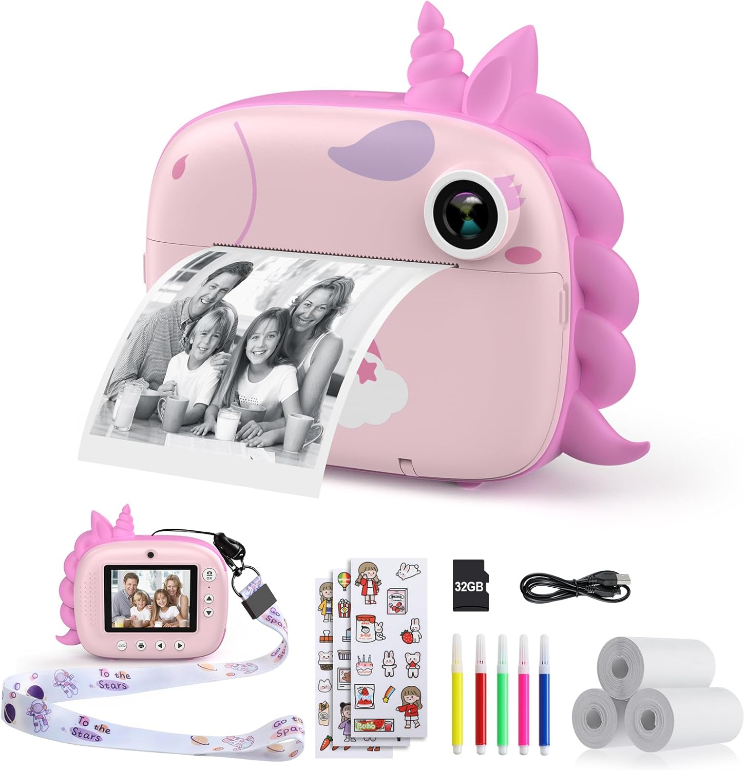 HiMont - Cámara infantil digital instantánea con papel de impresión y tarjeta TF de 32 GB, cámara de vídeo, lápices de colores, clips de fotos para manualidades, regalo, de 3 a 14 años, color rosa - 1