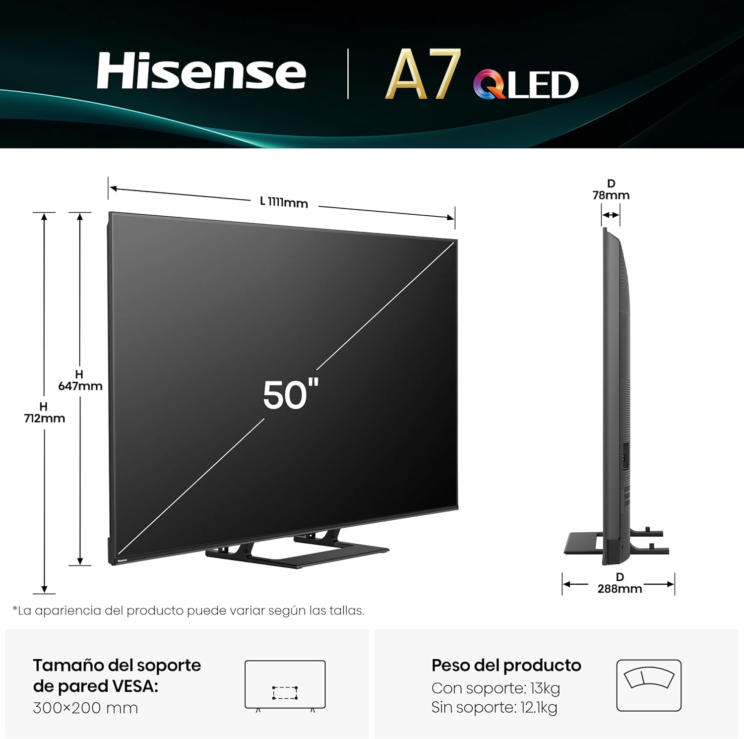 Hisense 50A7Q - QLED Smart TV 50 Pulgadas, Movimientos Suaves IA, Dolby Vision, Dolby Atmos, Subwoofer Integrado, Modo Juego Plus, Modo Deportes IA, Bluetooth & HDMI 2.1, Control por Voz Alexa - 3
