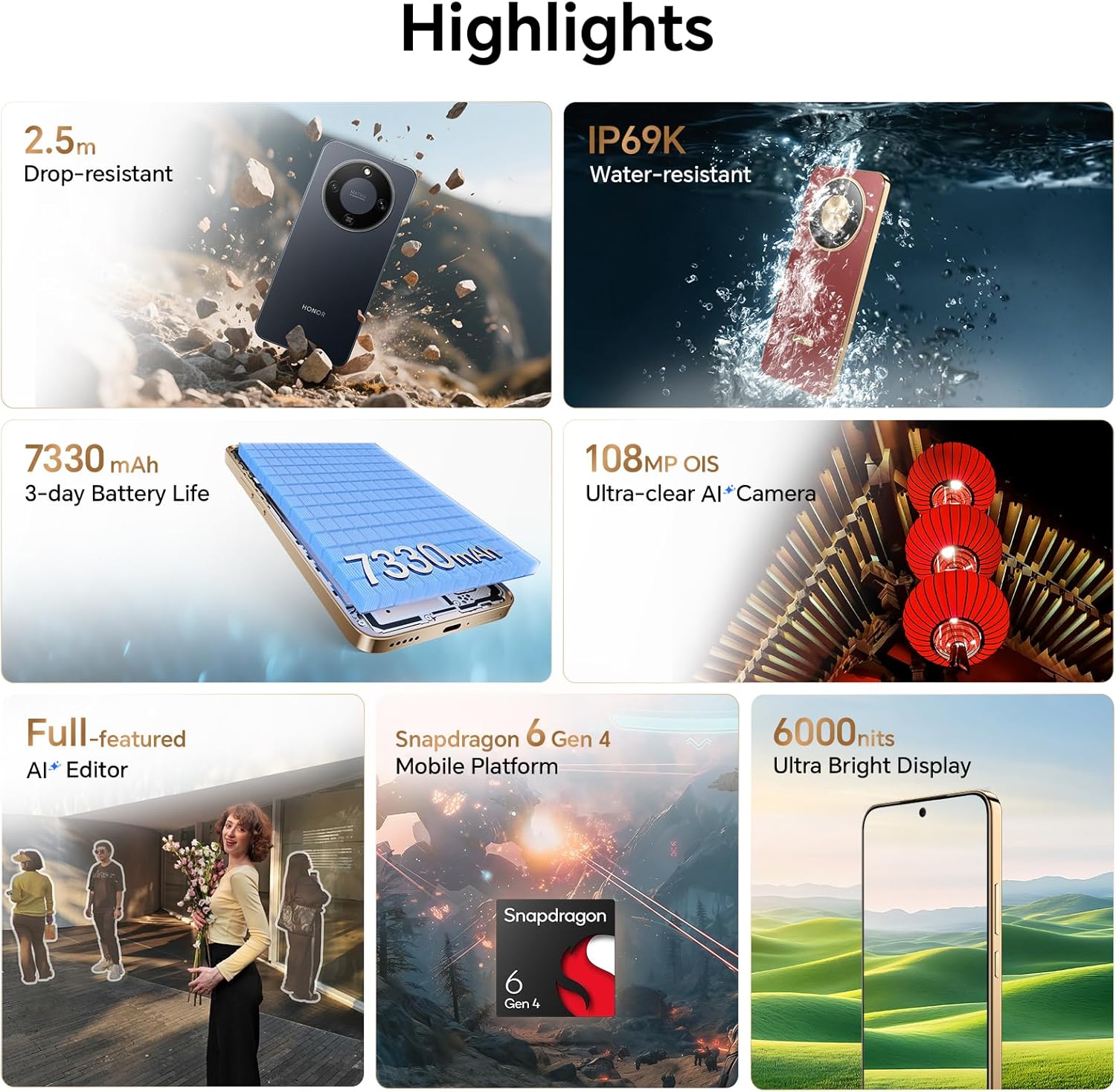 Honor Magic8 Lite 5G Smartphone, Cámara con IA de 108 MP, Batería de 7330 mAh, 8 GB RAM y 512 GB, 6,79" 120 Hz 6000 nits, Snapdragon 6 Gen 4, Resistencia a Caídas de 2,5M, IP69K IP68, Verde - 2