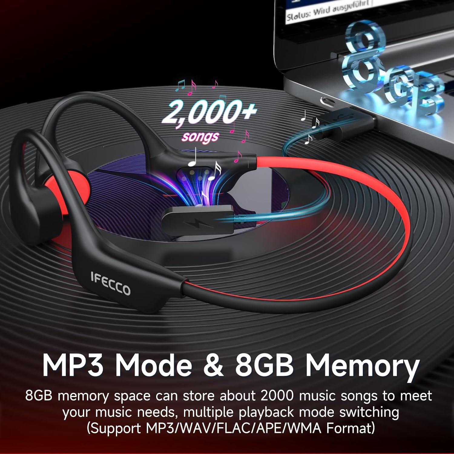 IFECCO Auriculares Conduccion Osea Natacion - IP68 Resistente al Agua Auriculares para Nadar Bluetooth 6.0,Cascos Conduccion Osea con 8G Mp3 para Natacion Correr Ciclismo - 4