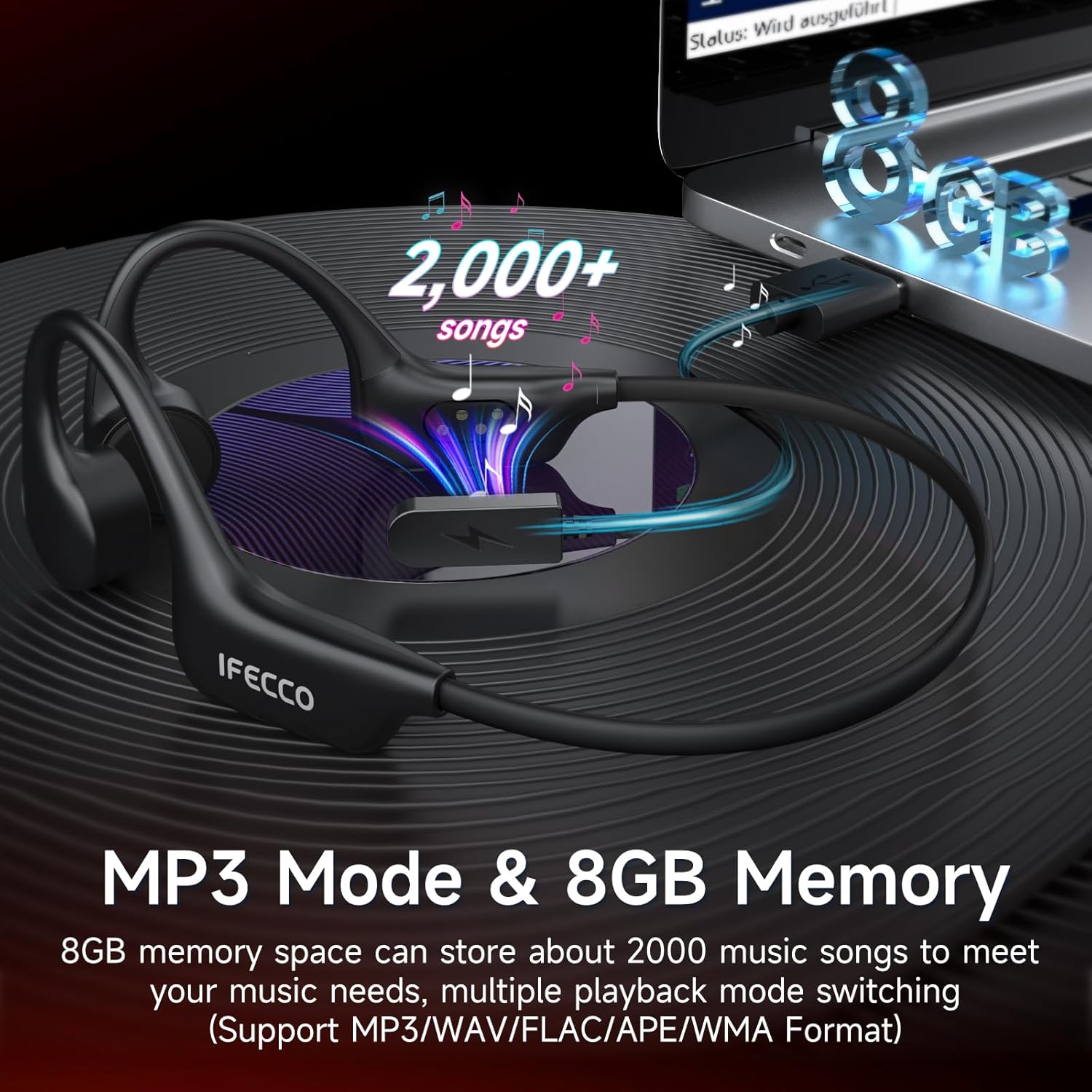 IFECCO Auriculares Natacion Bluetooth 6.0 - IP68 Resistente al Agua Auriculares Conduccion Osea Natacion,Cascos Oseos Abiertos con 8G Mp3 para Nadar Correr Ciclismo - 4