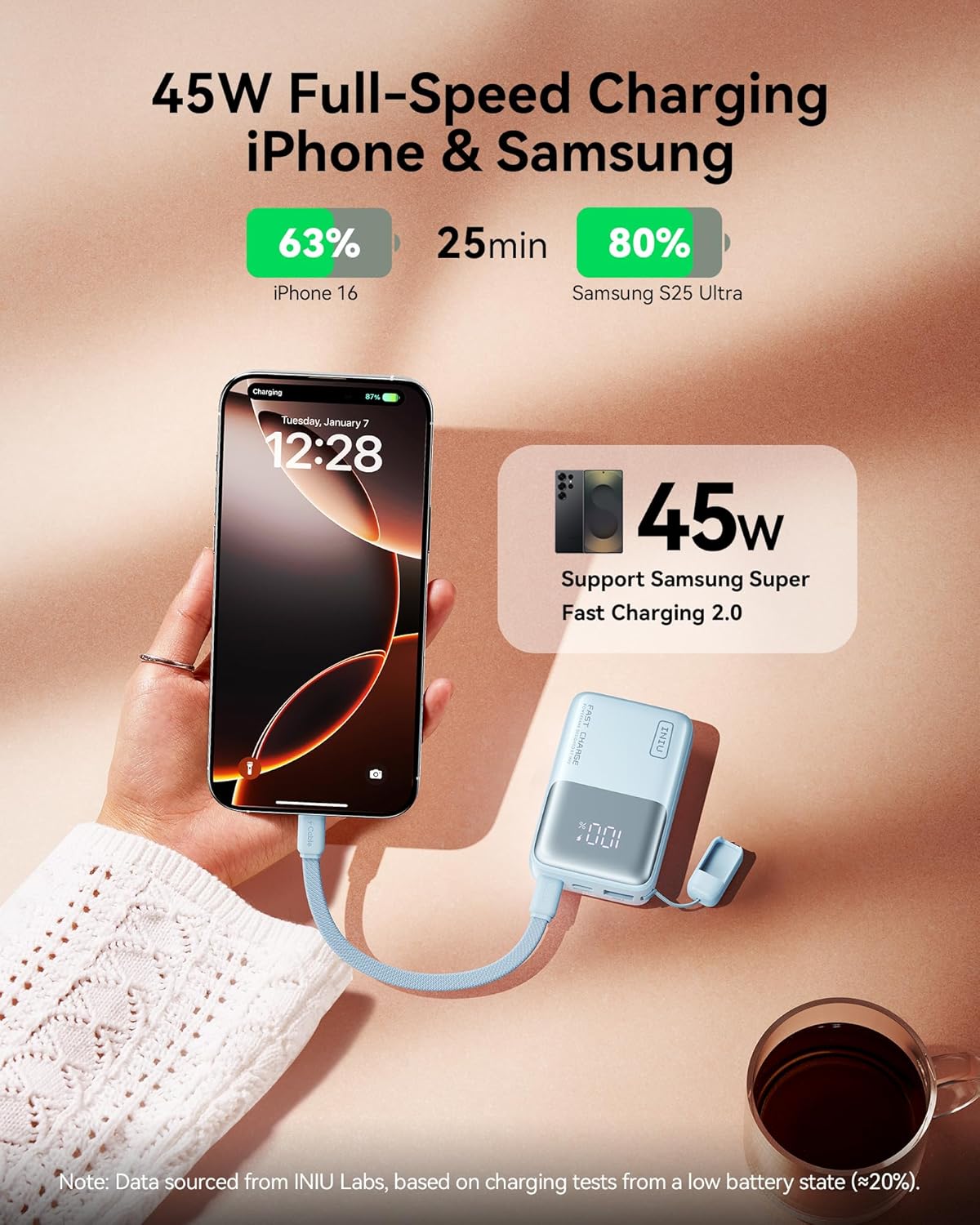 INIU Mini Power Bank, 45W 10000mAh Bateria Externa, PD3.0 QC4.0 Carga Rápida USB C Input & Output Bateria Portatil para iPhone 17 16 15 14 13 12 Pro, Samsung S22 S21 S20,iPad, Airpods etc - 3