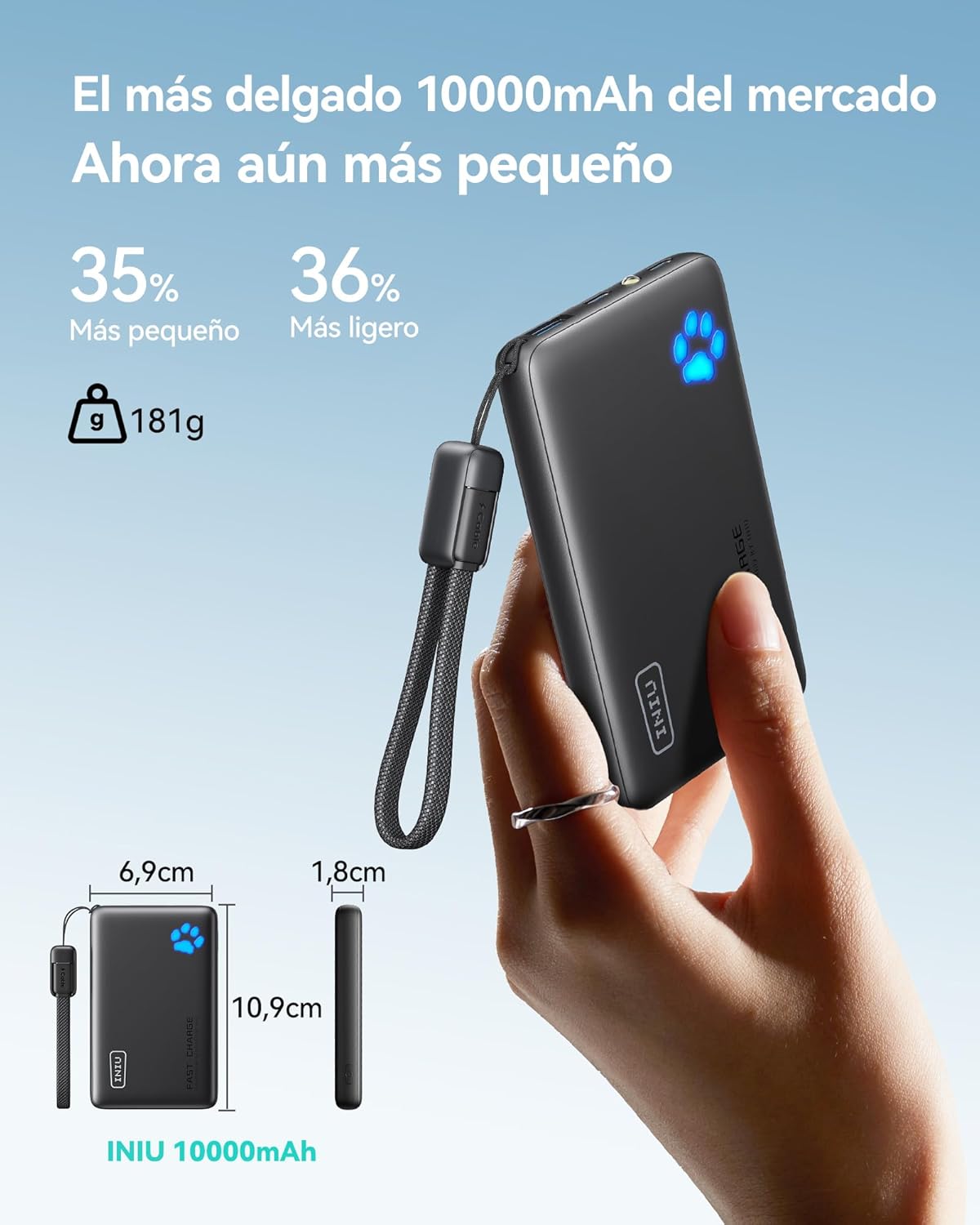 INIU Power Bank, 45W PD3.0 El Más Ligero 10000mAh Bateria Externa, Carga Rápida USB C Input & Output Bateria Portatil con Linterna para iPhone 17 16 15 14 13 12 Pro Samsung S22 S21 S20 iPad Airpods - 2