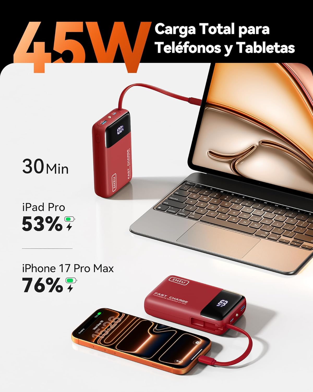 INIU Power Bank, Mini 45W 20000mAh Bateria Externa con Cable USB-C Integrado, USB C In&out Fast Charging Bateria Portatil para iPhone Samsung, Viagem Essentials Apto para Hombres y Mujeres, Rosso - 2