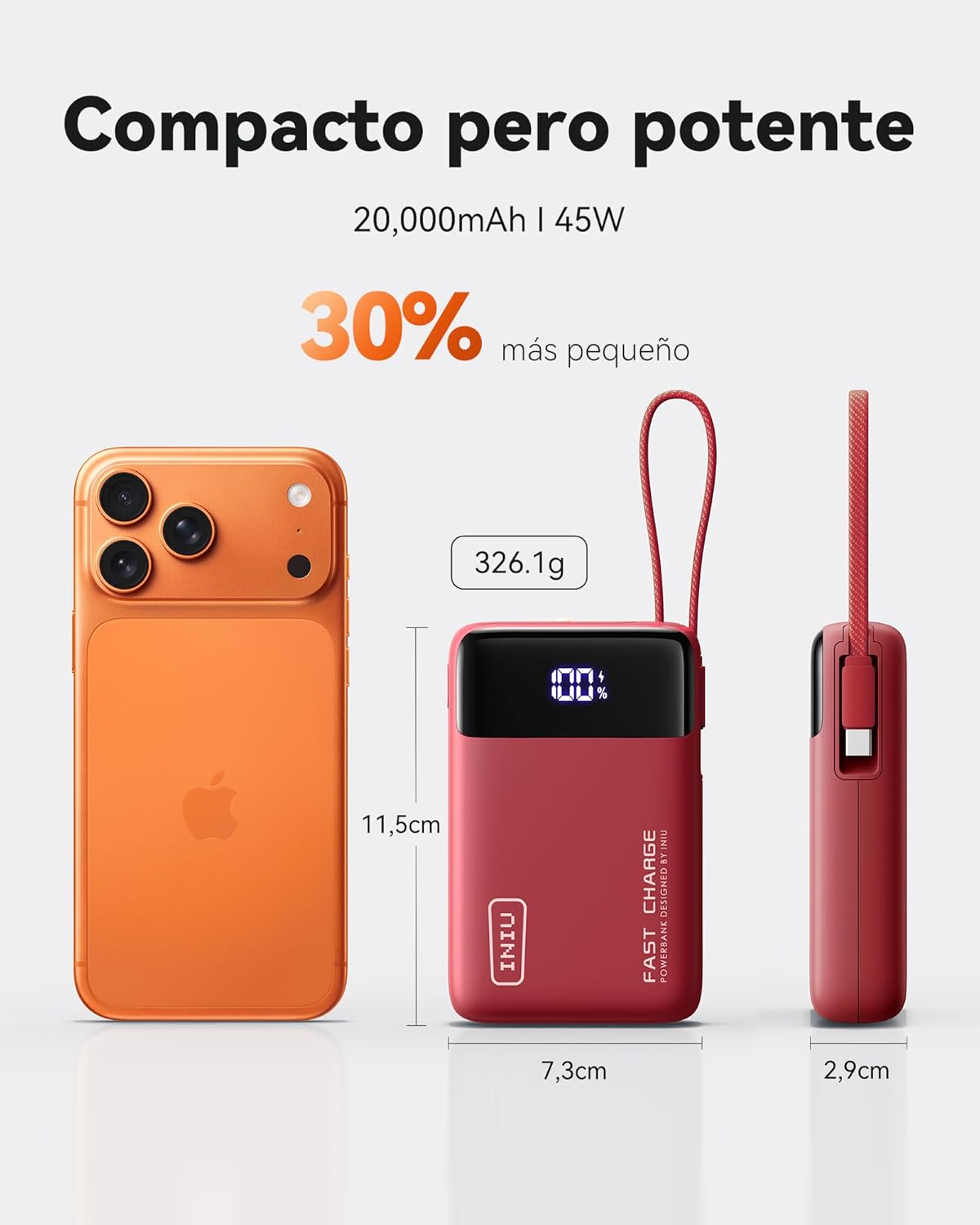 INIU Power Bank, Mini 45W 20000mAh Bateria Externa con Cable USB-C Integrado, USB C In&out Fast Charging Bateria Portatil para iPhone Samsung, Viagem Essentials Apto para Hombres y Mujeres, Rosso - 3