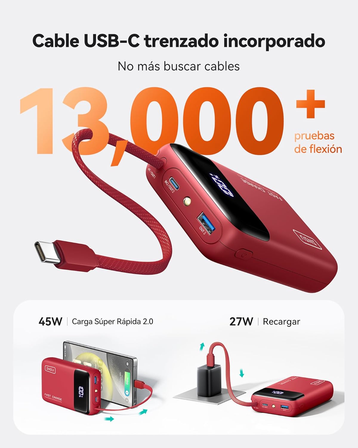 INIU Power Bank, Mini 45W 20000mAh Bateria Externa con Cable USB-C Integrado, USB C In&out Fast Charging Bateria Portatil para iPhone Samsung, Viagem Essentials Apto para Hombres y Mujeres, Rosso - 4