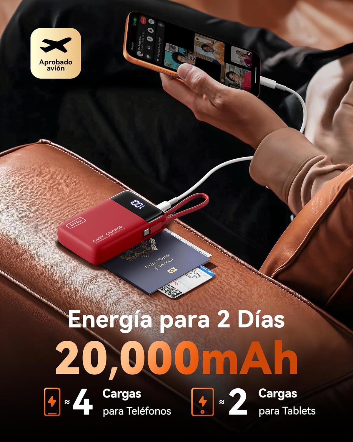 INIU Power Bank, Mini 45W 20000mAh Bateria Externa con Cable USB-C Integrado, USB C In&out Fast Charging Bateria Portatil para iPhone Samsung, Viagem Essentials Apto para Hombres y Mujeres, Rosso - 5
