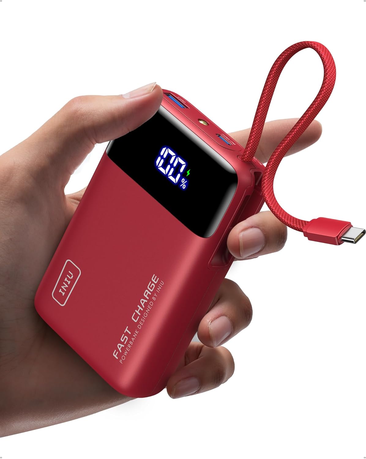 INIU Power Bank, Mini 45W 20000mAh Bateria Externa con Cable USB-C Integrado, USB C In&out Fast Charging Bateria Portatil para iPhone Samsung, Viagem Essentials Apto para Hombres y Mujeres, Rosso - 1