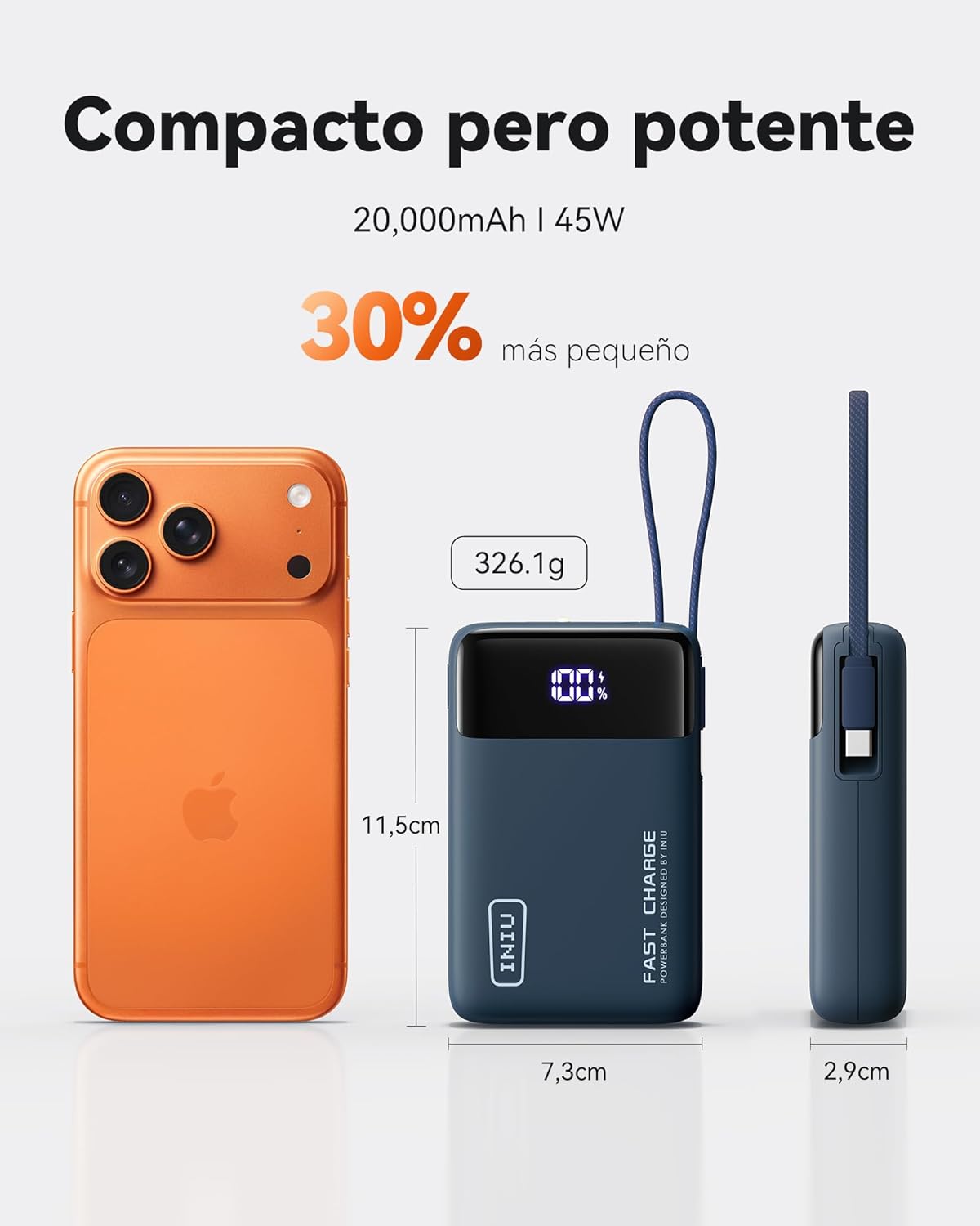 INIU Power Bank, Pequeña 45W 20000mAh Bateria Externa Carga Rapida con Cable USB-C Integrado, USB C Bateria Portatil para iPhone Samsung, Mochila Viaje Essentials Apto para Hombres y Mujeres, Azul - 3