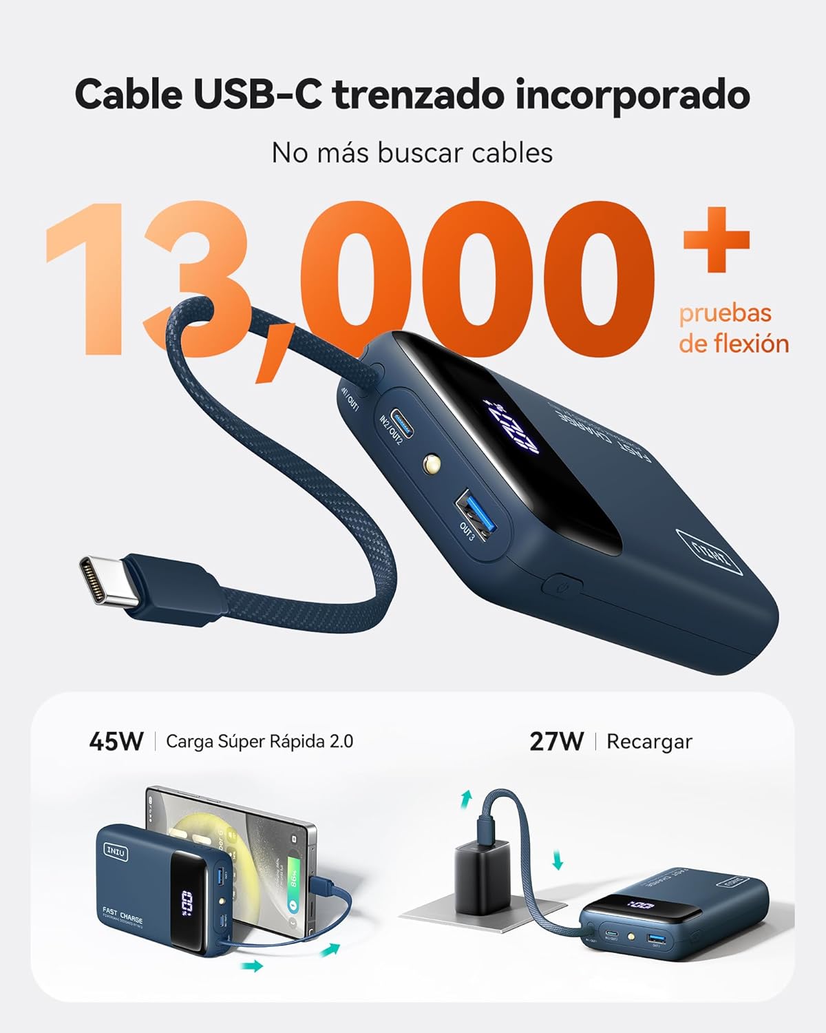 INIU Power Bank, Pequeña 45W 20000mAh Bateria Externa Carga Rapida con Cable USB-C Integrado, USB C Bateria Portatil para iPhone Samsung, Mochila Viaje Essentials Apto para Hombres y Mujeres, Azul - 4