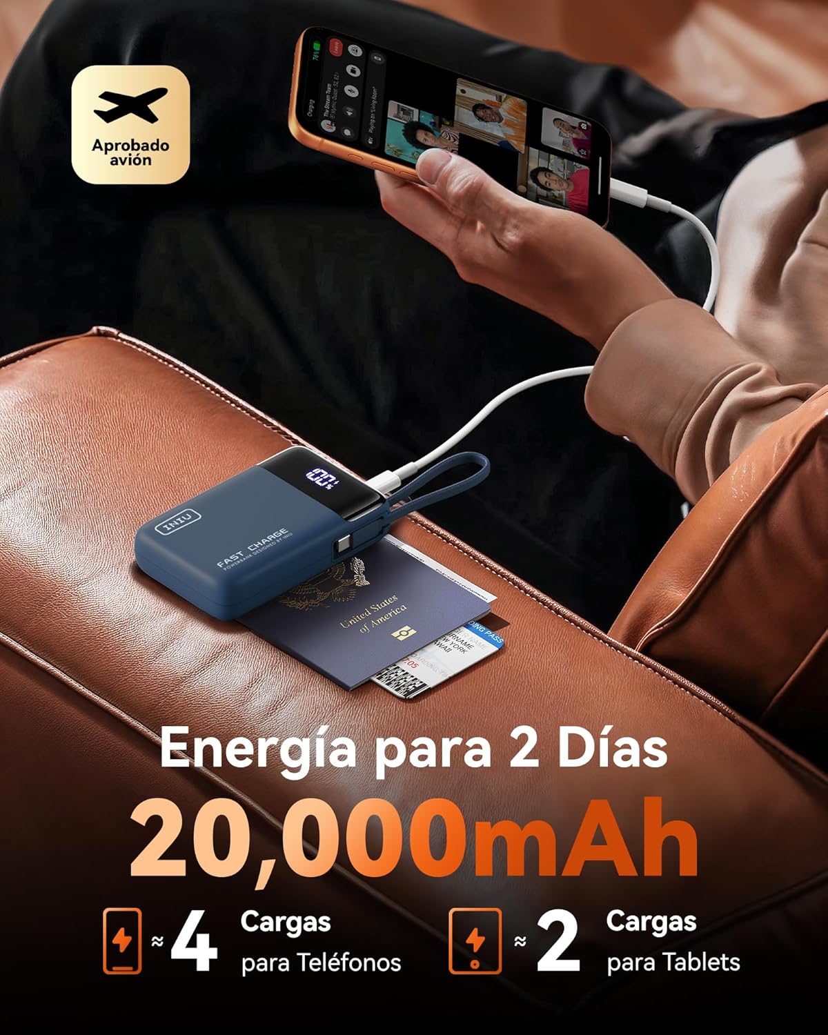 INIU Power Bank, Pequeña 45W 20000mAh Bateria Externa Carga Rapida con Cable USB-C Integrado, USB C Bateria Portatil para iPhone Samsung, Mochila Viaje Essentials Apto para Hombres y Mujeres, Azul - 5