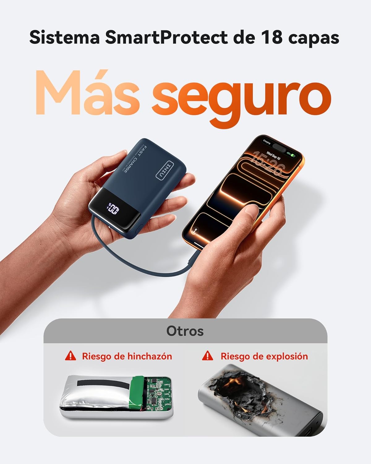 INIU Power Bank, Pequeña 45W 20000mAh Bateria Externa Carga Rapida con Cable USB-C Integrado, USB C Bateria Portatil para iPhone Samsung, Mochila Viaje Essentials Apto para Hombres y Mujeres, Azul - 6