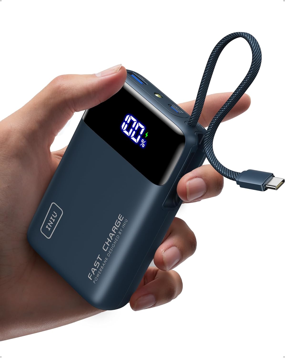 INIU Power Bank, Pequeña 45W 20000mAh Bateria Externa Carga Rapida con Cable USB-C Integrado, USB C Bateria Portatil para iPhone Samsung, Mochila Viaje Essentials Apto para Hombres y Mujeres, Azul - 1