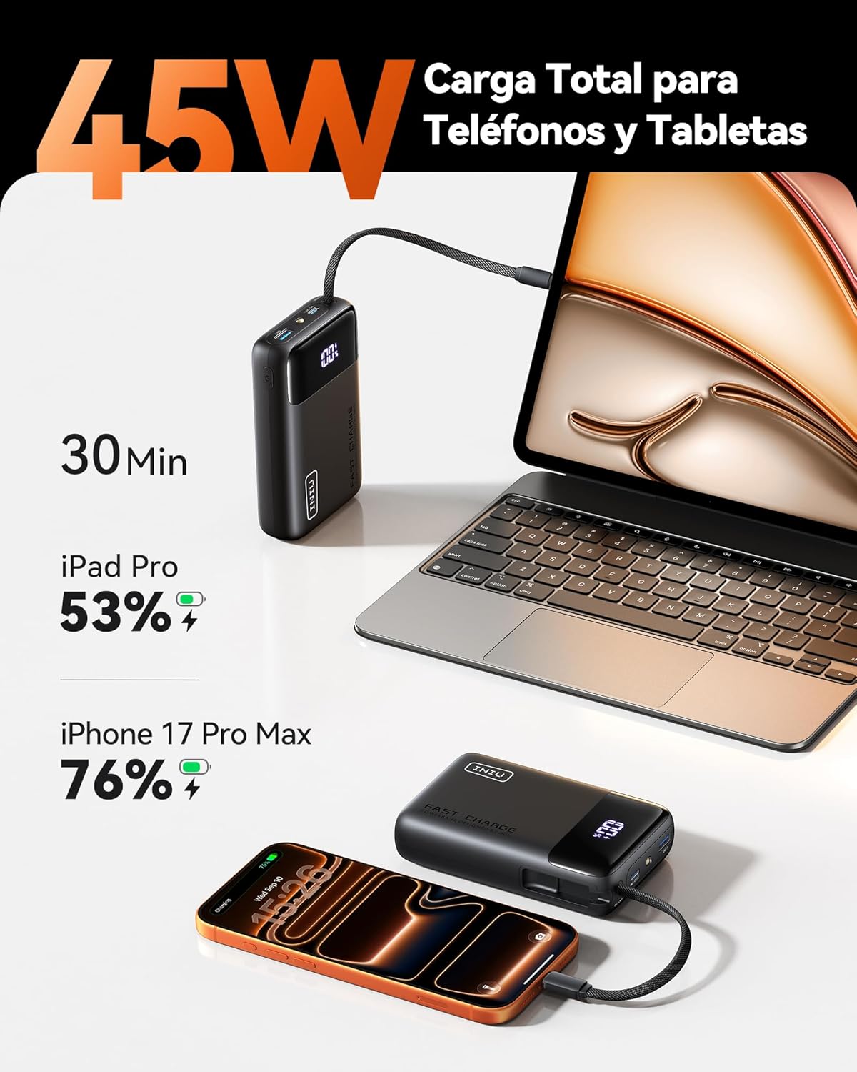 INIU Power Bank, Pequeña 45W 20000mAh Bateria Externa Carga Rapida con Cable USB-C Integrado, USB C Bateria Portatil para iPhone Samsung, Mochila Viaje Essentials Apto para Hombres y Mujeres, Blanco - 2