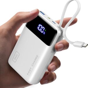 INIU Power Bank, Pequeña 45W 20000mAh Bateria Externa Carga Rapida con Cable USB-C Integrado, USB C Bateria Portatil para iPhone Samsung, Mochila Viaje Essentials Apto para Hombres y Mujeres, Blanco