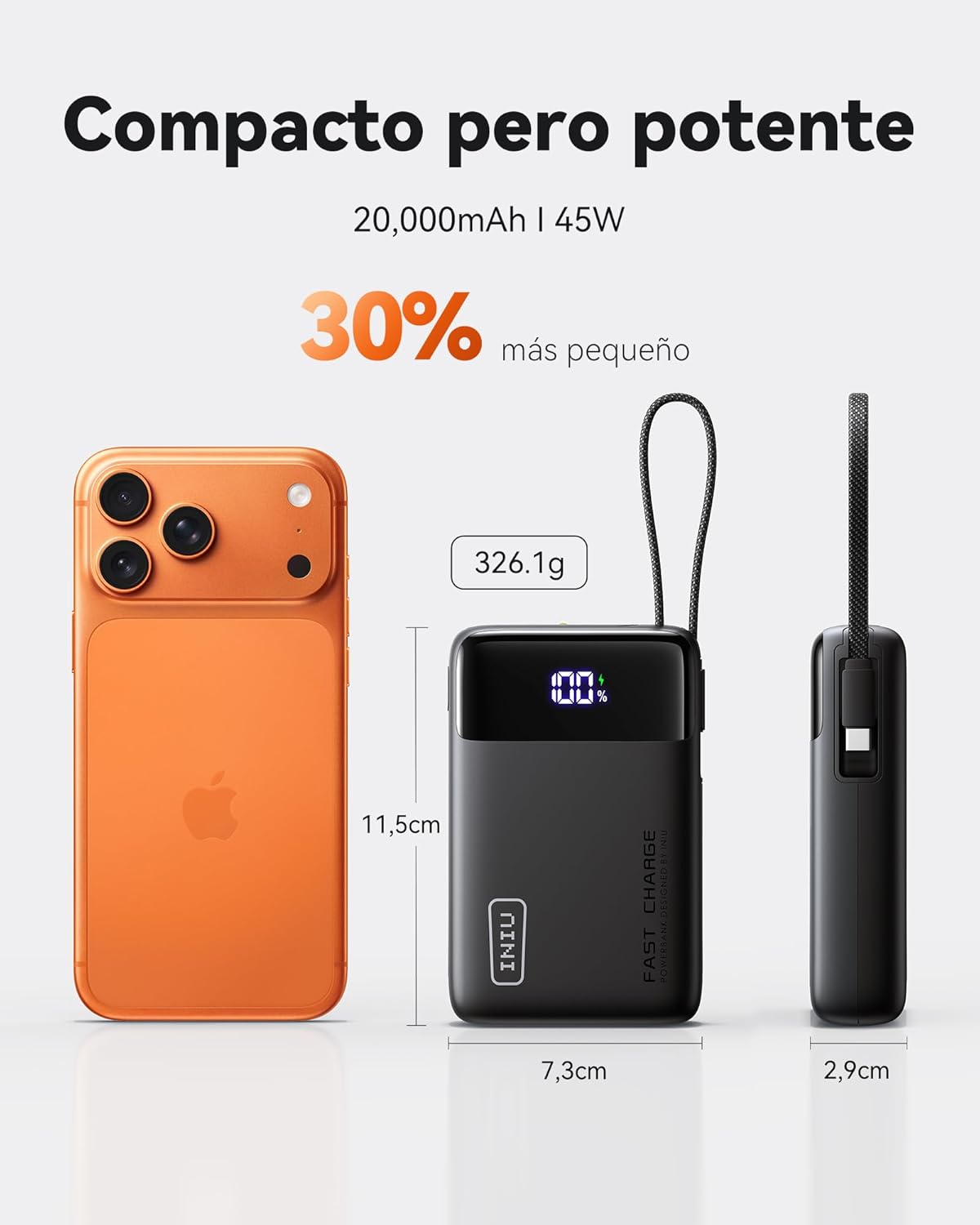 INIU Power Bank, Pequeña 45W 20000mAh Bateria Externa Carga Rapida con Cable USB-C Integrado, USB C Bateria Portatil para iPhone Samsung, Mochila Viaje Essentials Apto para Hombres y Mujeres, Blanco - 4