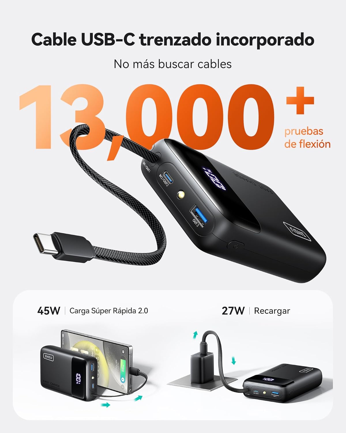 INIU Power Bank, Pequeña 45W 20000mAh Bateria Externa Carga Rapida con Cable USB-C Integrado, USB C Bateria Portatil para iPhone Samsung, Mochila Viaje Essentials Apto para Hombres y Mujeres, Blanco - 5