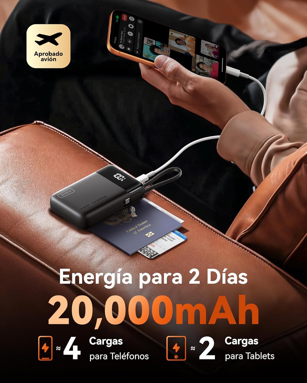 INIU Power Bank, Pequeña 45W 20000mAh Bateria Externa Carga Rapida con Cable USB-C Integrado, USB C Bateria Portatil para iPhone Samsung, Mochila Viaje Essentials Apto para Hombres y Mujeres, Blanco - 6