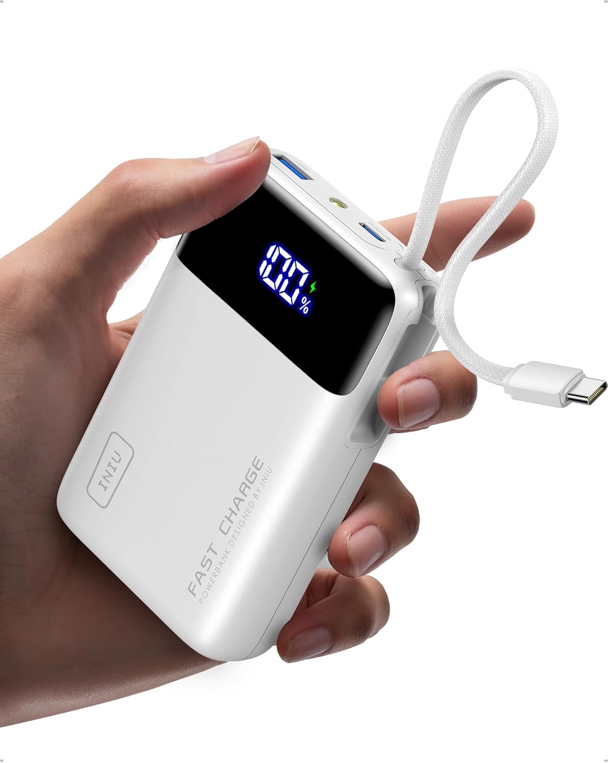 INIU Power Bank, Pequeña 45W 20000mAh Bateria Externa Carga Rapida con Cable USB-C Integrado, USB C Bateria Portatil para iPhone Samsung, Mochila Viaje Essentials Apto para Hombres y Mujeres, Blanco - 1
