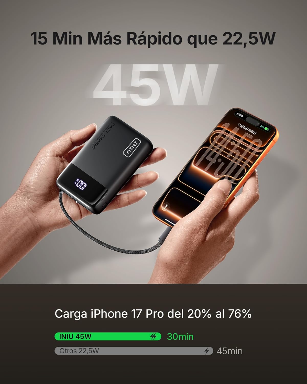 INIU Power Bank, Pequeño 45W Carga Rapida 20000mAh Batería Externa con Cable USB-C Integrado, Apto para Avión, Esenciales de Viaje, Bateria Portatil Movil para iPhone 17 16, iPad, Samsung, Xiaomi etc - 3