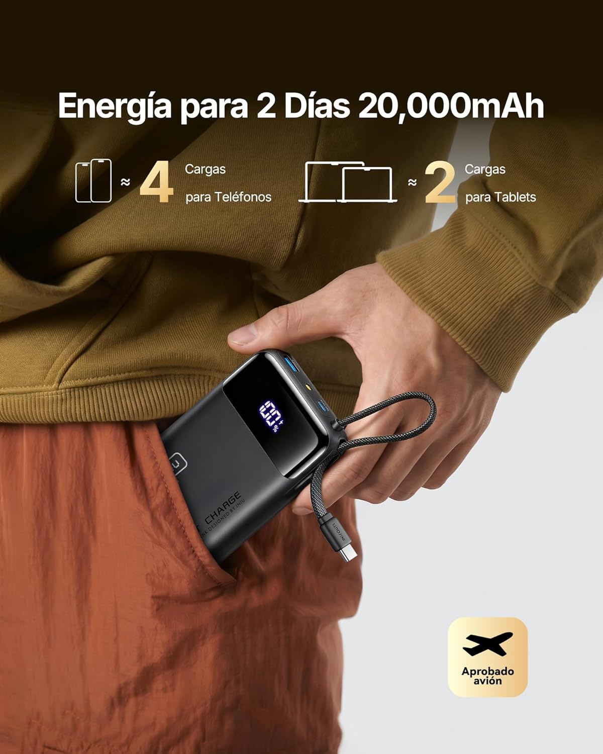 INIU Power Bank, Pequeño 45W Carga Rapida 20000mAh Batería Externa con Cable USB-C Integrado, Apto para Avión, Esenciales de Viaje, Bateria Portatil Movil para iPhone 17 16, iPad, Samsung, Xiaomi etc - 4