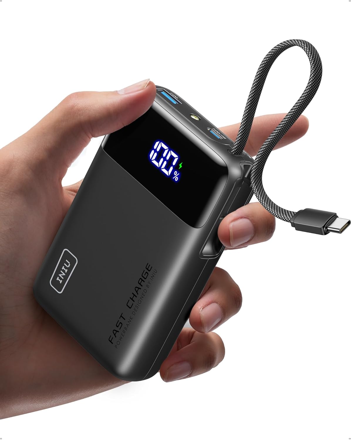 INIU Power Bank, Pequeño 45W Carga Rapida 20000mAh Batería Externa con Cable USB-C Integrado, Apto para Avión, Esenciales de Viaje, Bateria Portatil Movil para iPhone 17 16, iPad, Samsung, Xiaomi etc - 1