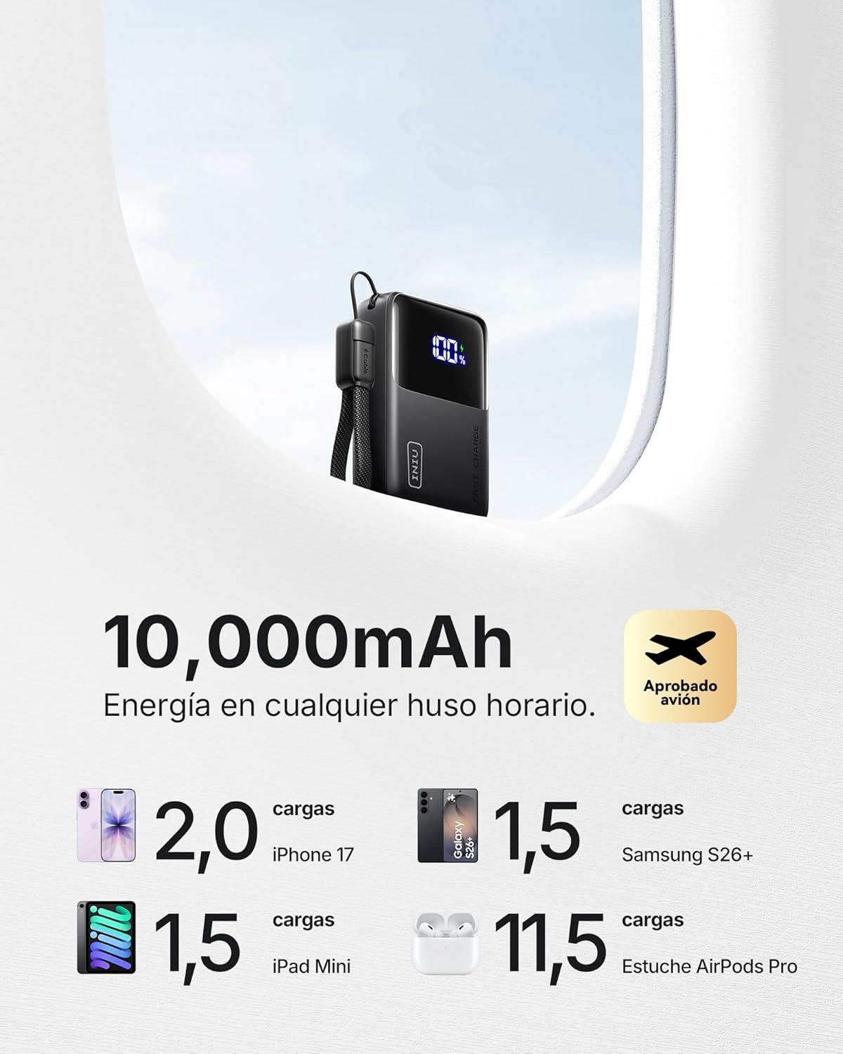 INIU Power Bank, Ultra Mini 45W Carga Rápida 10000mAh Bateria Externa con Cable USB C Desmontable, Apto para Avión & Esenciales de Viaje, Bateria Portatil para iPhone 17 16 Samsung S22 iPad Xiaomi etc - 5