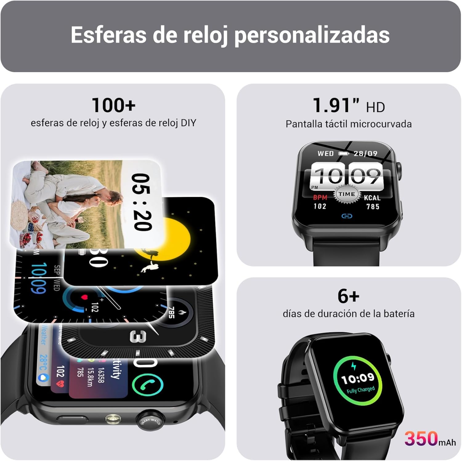 IOWODO Reloj Inteligente Hombre Mujer con Llamadas Bluetooth, 1.91" Smartwatch con Linterna LED, 2 Correas, Monitor Cardíaco/SpO2/Sueño, 100+ Modos Deporte, IP68 Impermeable para Android iOS - 2
