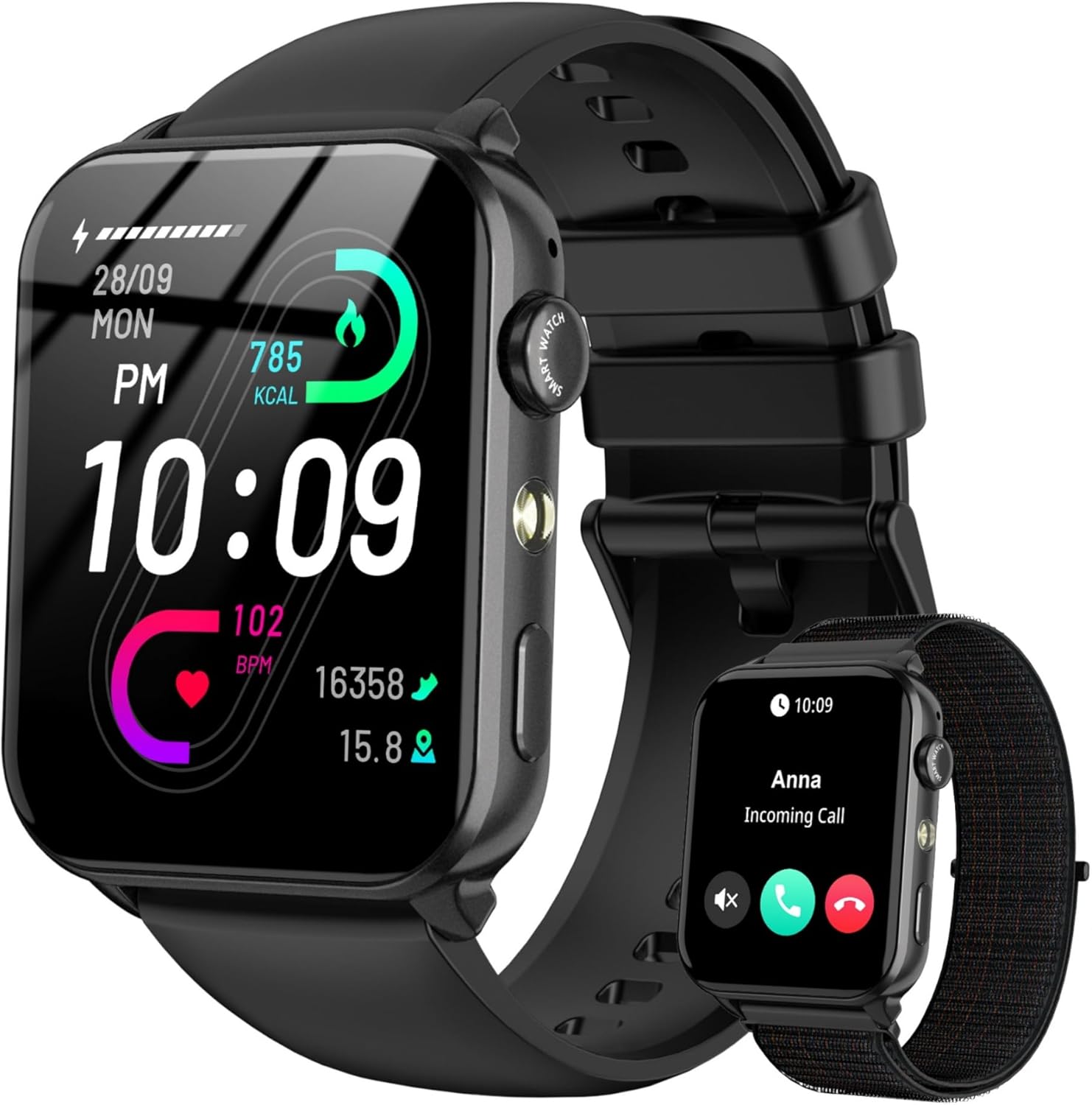 IOWODO Reloj Inteligente Hombre Mujer con Llamadas Bluetooth, 1.91" Smartwatch con Linterna LED, 2 Correas, Monitor Cardíaco/SpO2/Sueño, 100+ Modos Deporte, IP68 Impermeable para Android iOS - 1