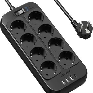 JSVER Regleta Enchufes USB, Proteccion Sobretension con 8 Toma de Corriente y 4 Puertos(5V3,4A) Estación de Carga Inteligente Tomas Alargadora con Cable 1.8m-Negro