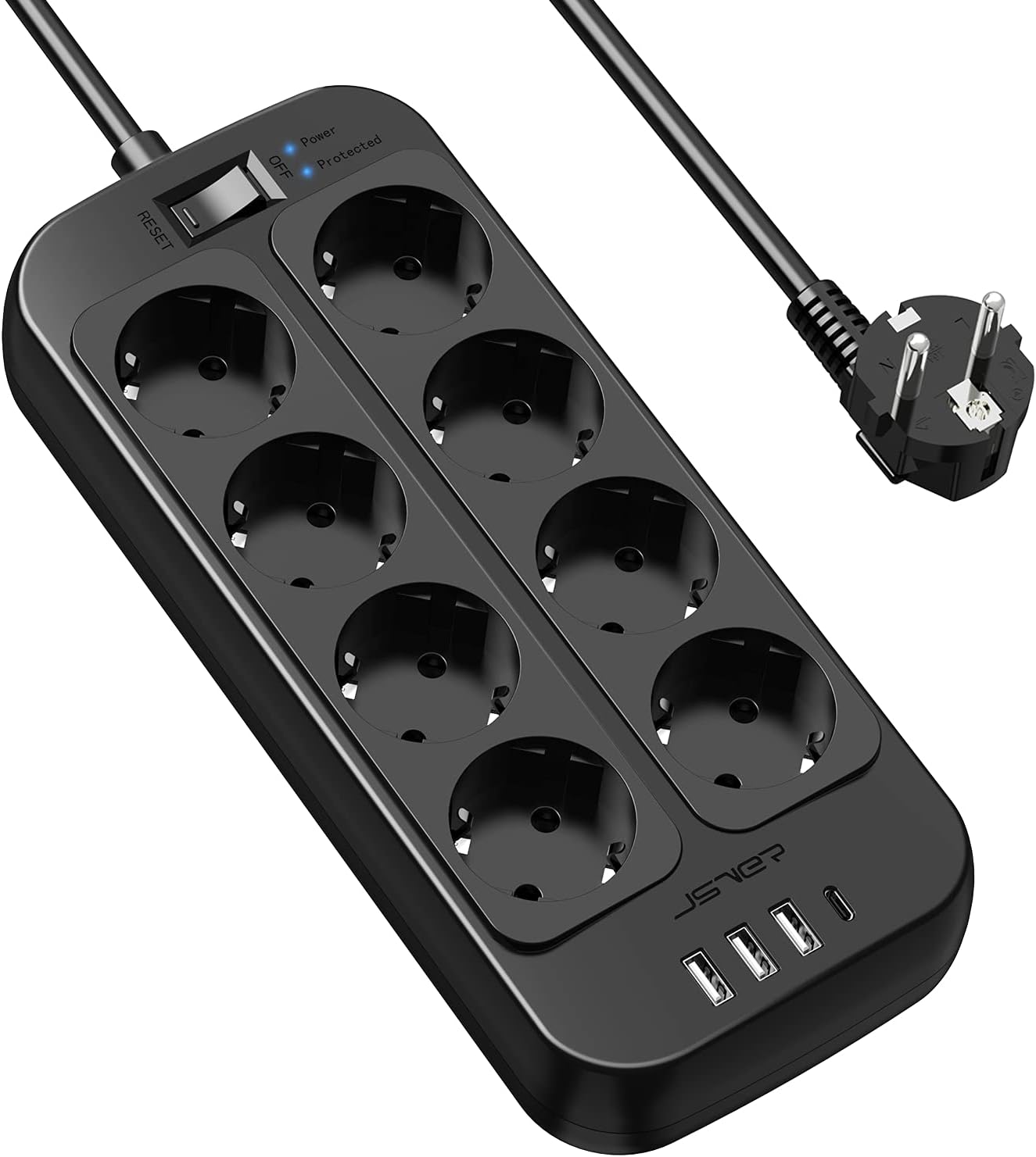 JSVER Regleta Enchufes USB, Proteccion Sobretension con 8 Toma de Corriente y 4 Puertos(5V3,4A) Estación de Carga Inteligente Tomas Alargadora con Cable 1.8m-Negro - 1