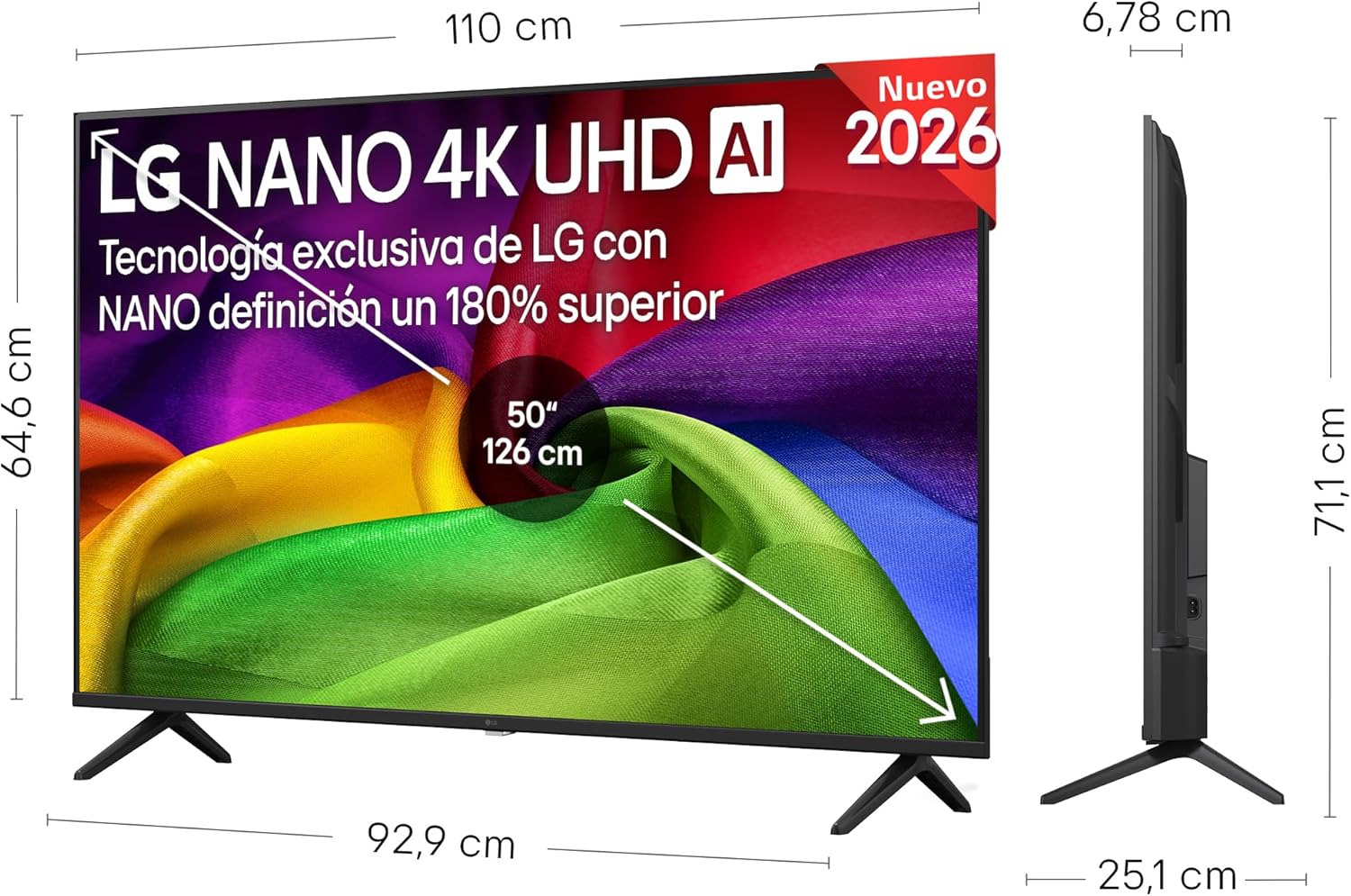 LG 50NU800B6LC - TV 50", Nano 4K UHD AI, Smart TV, WebOS 25 (Actualizable), Procesador Alpha 7 Gen9 AI, 144Hz, HDR10 y Dolby Digital Plus, Magic Remote, Alexa/Google Assistant, Negro - 2