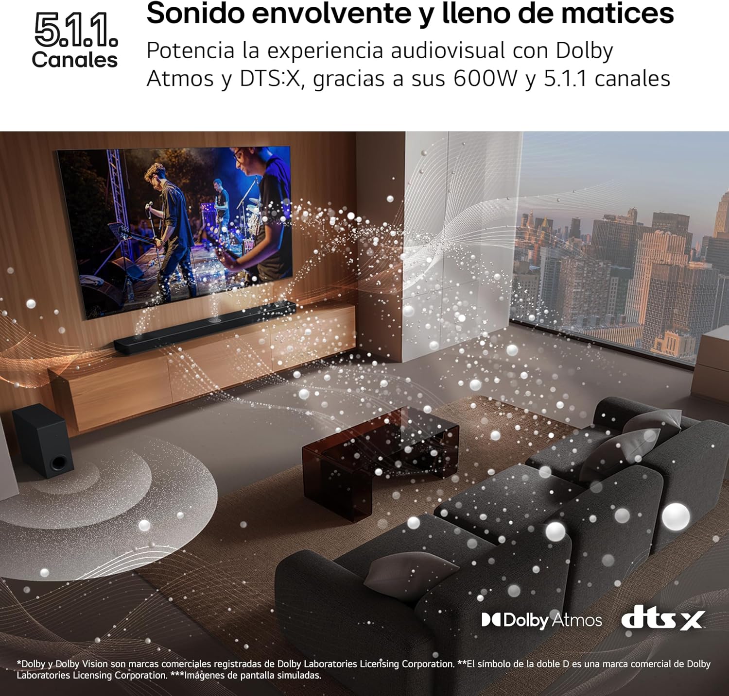 LG S70TR - Barra de Sonido Inteligente, 500W Potencia y 5.1.1 Canales, Altavoces Dobles Traseros Inalámbricos, Sonido Envolvente Dolby Atmos y DTS:X, Hi-Res 24bits/96kHz - 6