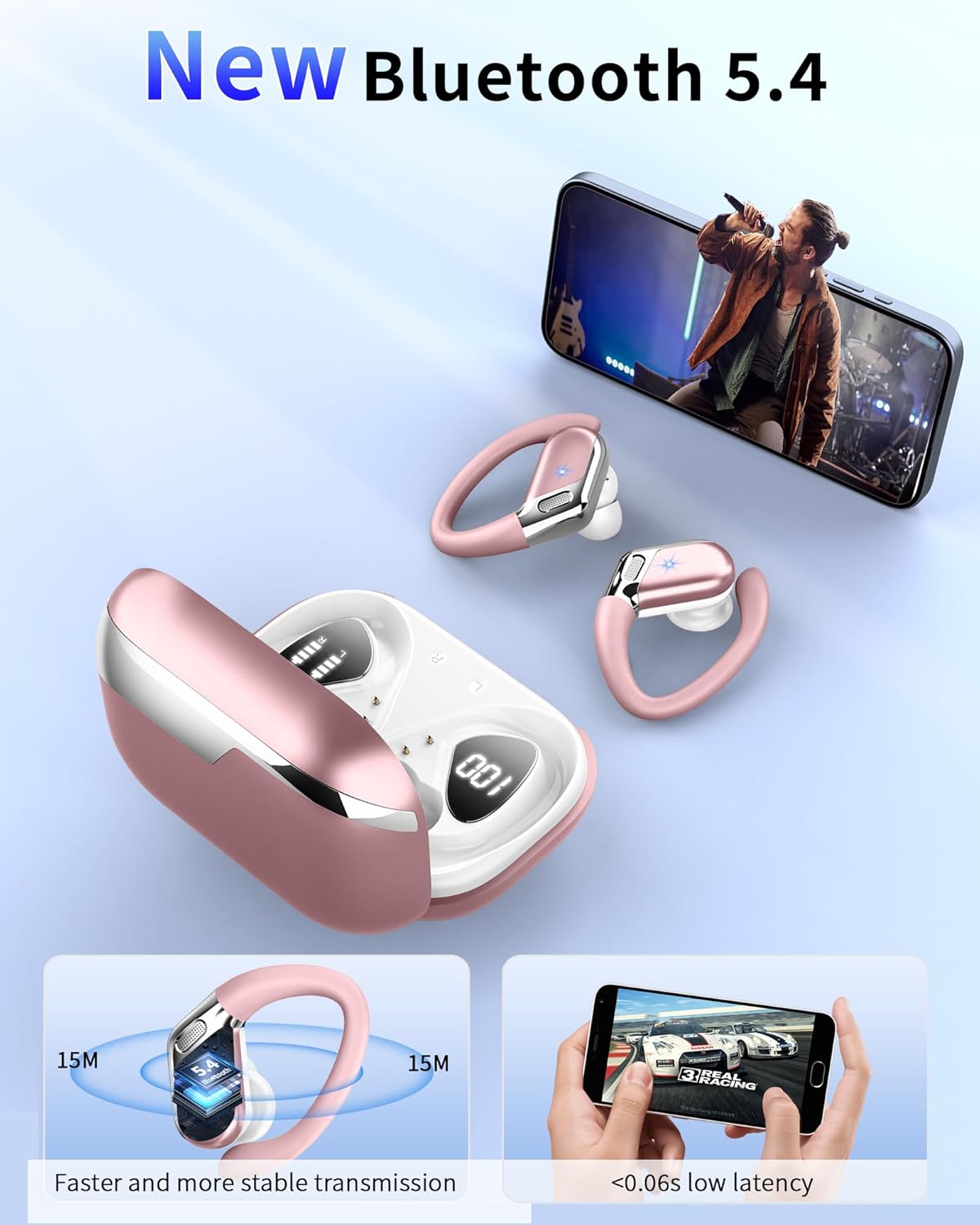 Matast 2026 Cascos Deportivos Inalámbricos, Bluetooth 5.4 Estéreo HiFi con 4 HD Mic, 50H de Autonomía, Cancelación de Ruido ENC, Pantalla LED y Protección IP7 a Prueba de Agua - 2
