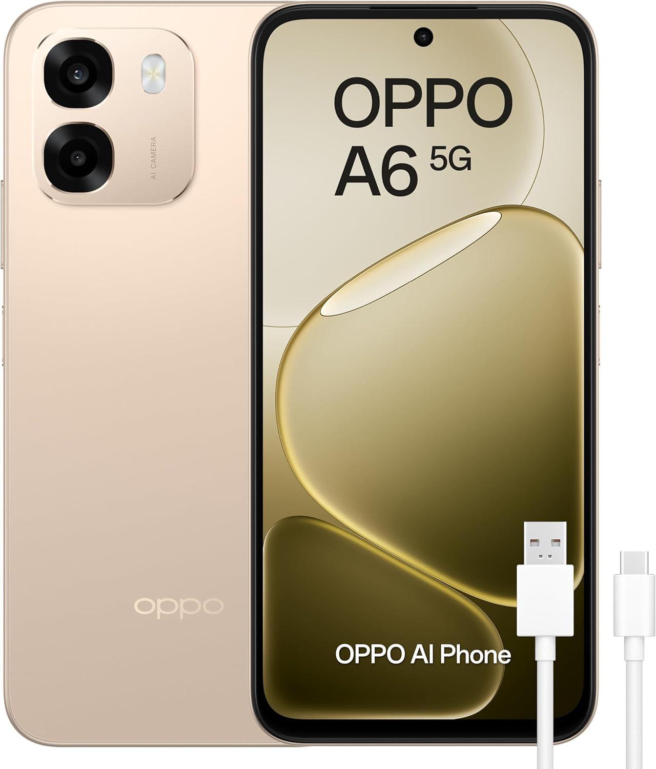 OPPO A6 5G - Smartphone Libre con IA, 6GB RAM+256GB, Batería 6500 mAh, Carga Rápida 45W, Pantalla LCD HD+ 120Hz, IP69, Cámara 50MP AI, Dual SIM, Versión Española - Dorado - 1