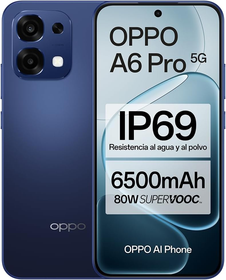 OPPO A6 Pro 5G - Smartphone Libre con IA, 8GB RAM+256GB, Batería 6500 mAh, Carga Rápida 80W, Pantalla AMOLED 120Hz, IP69, Cámara 50MP AI, Dual SIM, Versión Española - Azul - 4