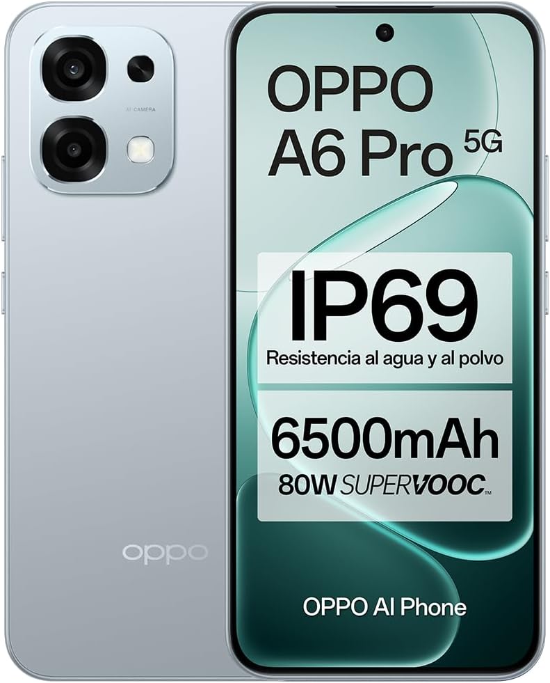 OPPO A6 Pro 5G - Smartphone Libre con IA, 8GB RAM+256GB, Batería 6500 mAh, Carga Rápida 80W, Pantalla AMOLED 120Hz, IP69, Cámara 50MP AI, Dual SIM, Versión Española - Titanio - 4