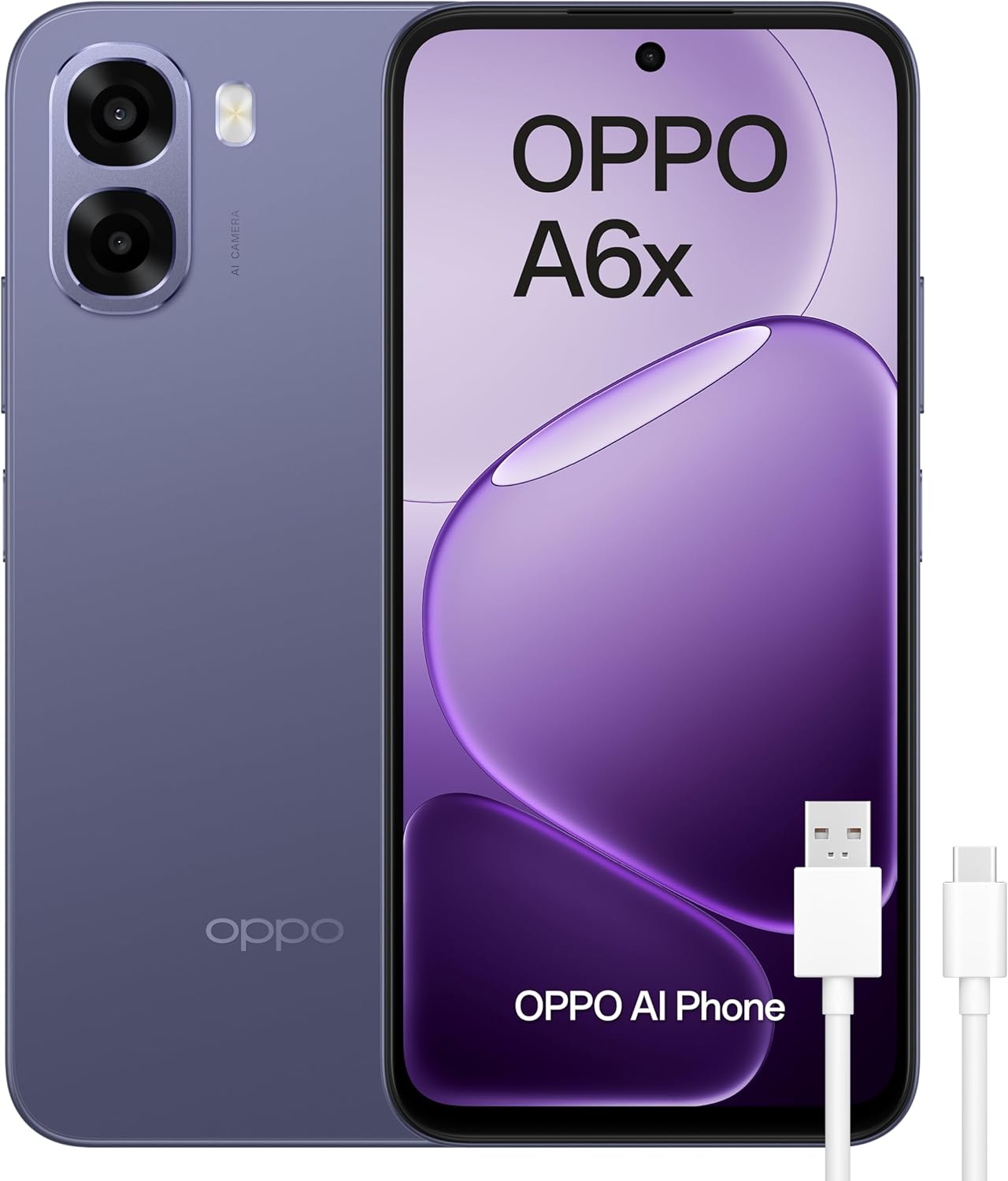 OPPO A6x 4G - Smartphone Libre con IA, 4GB RAM+128GB, Batería 6100 mAh, Pantalla LCD HD+ 120Hz, IP64, Cámara 13MP, Dual SIM, Versión Española - Morado - 1