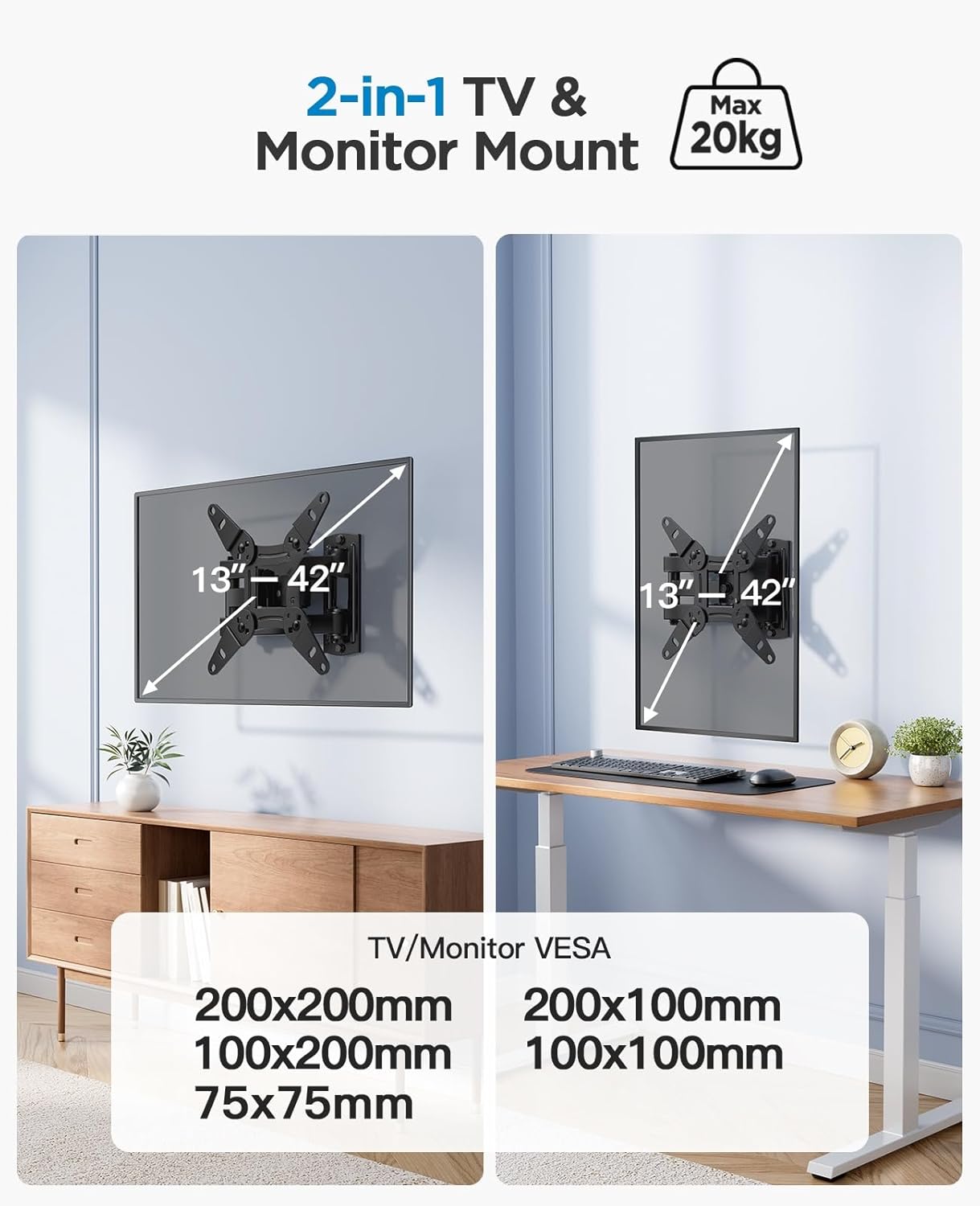 PERLESMITH Soporte TV Pared Inclinable Giratorio Rotatorio 360°, Soporte TV para TV 13-42 Pulgadas, Máx VESA 200x200mm, Capacidad 20kg, para Salón y Dormitorio - 2