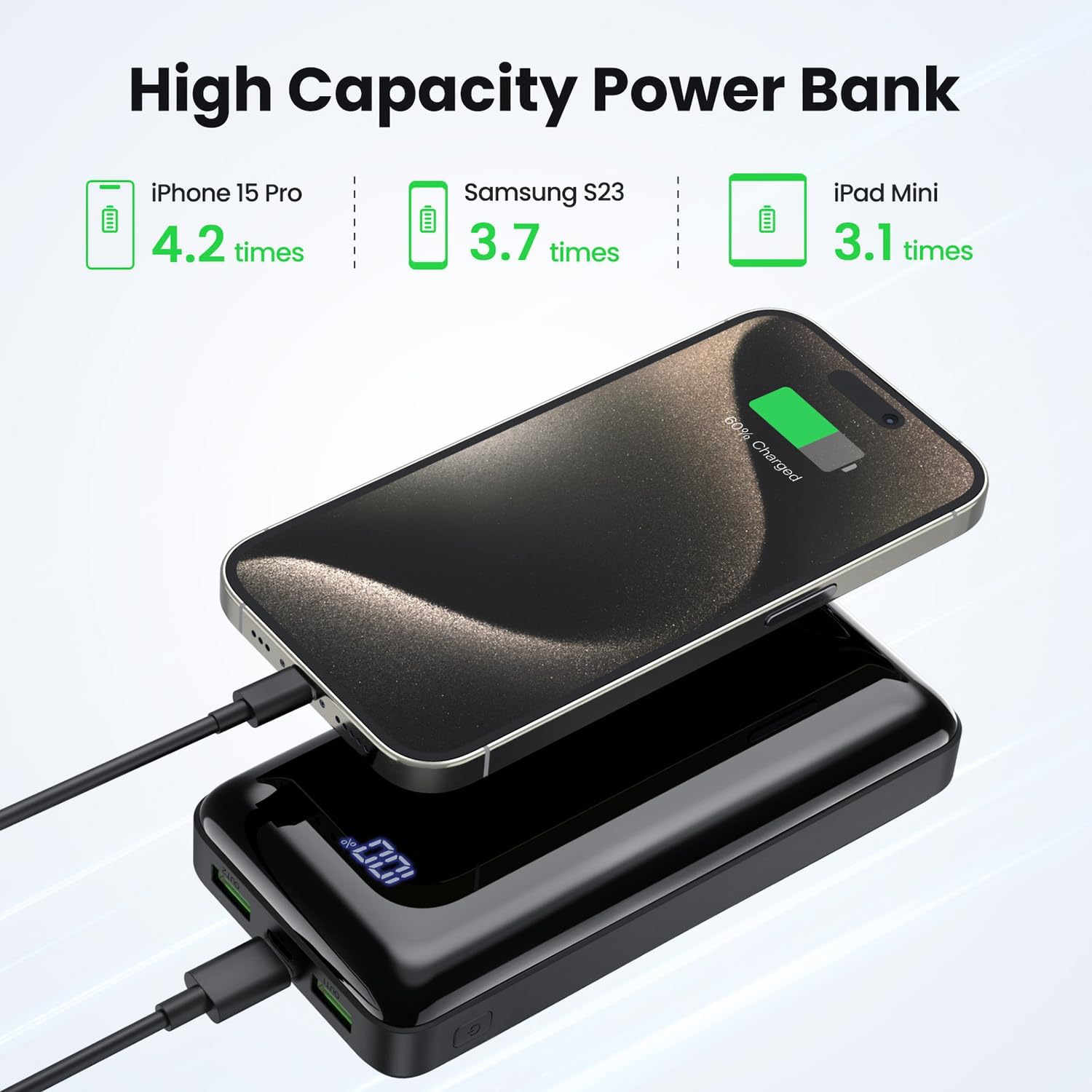 Power Bank 27000mAh, 22,5W PD20W Batería Externa Carga Rápida Powerbank Portátil con Pantalla LED para Teléfonos - 6