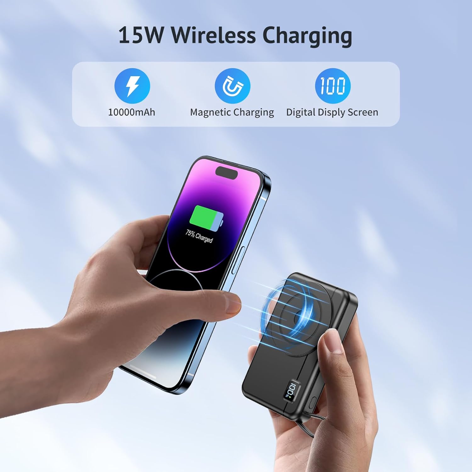Power Bank Magnético 10000mAh Batería Externa - Inalámbrica Carga Rápida Compatible con iPhone 17/16/15/14/13/12, Cargador Portátil Ultra Slim con Entrada y Salida Tipo C, Pantalla LED - 3