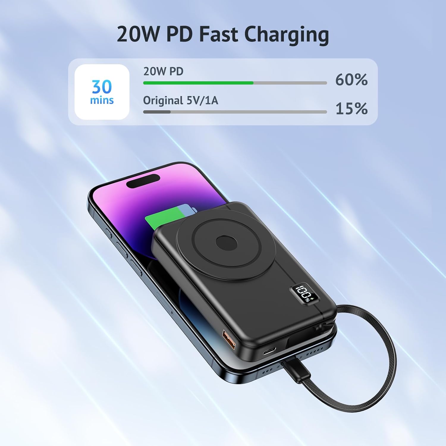 Power Bank Magnético 10000mAh Batería Externa - Inalámbrica Carga Rápida Compatible con iPhone 17/16/15/14/13/12, Cargador Portátil Ultra Slim con Entrada y Salida Tipo C, Pantalla LED - 5