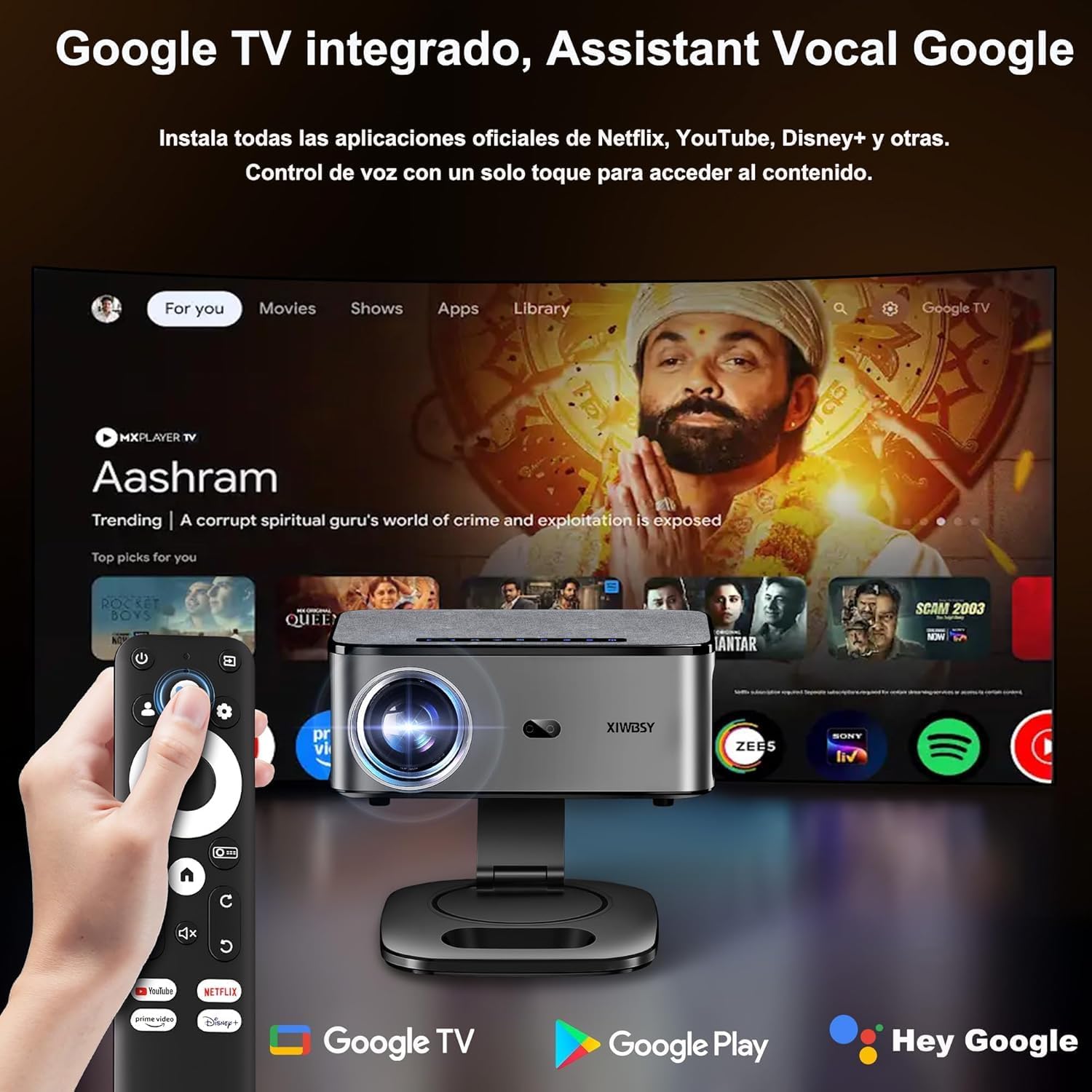 Proyector 4K 【FIFA World Cup/1500 ANSI/Google TV】 XIWBSY Proyector Bluetooth Portatil 38000 Lúmenes, Gira 360 °, Official Apps, Control por Voz, 1080P FHD, Proyectores Video Cine En Casa/Exterior - 4
